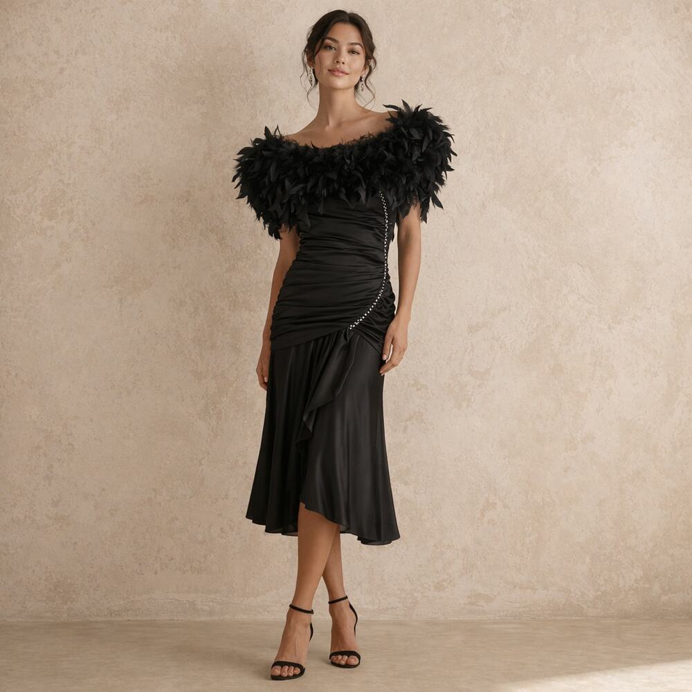 Vintage 80s NWT Abby Kent Feather Trim Cocktail Dress Slinky Stretch S